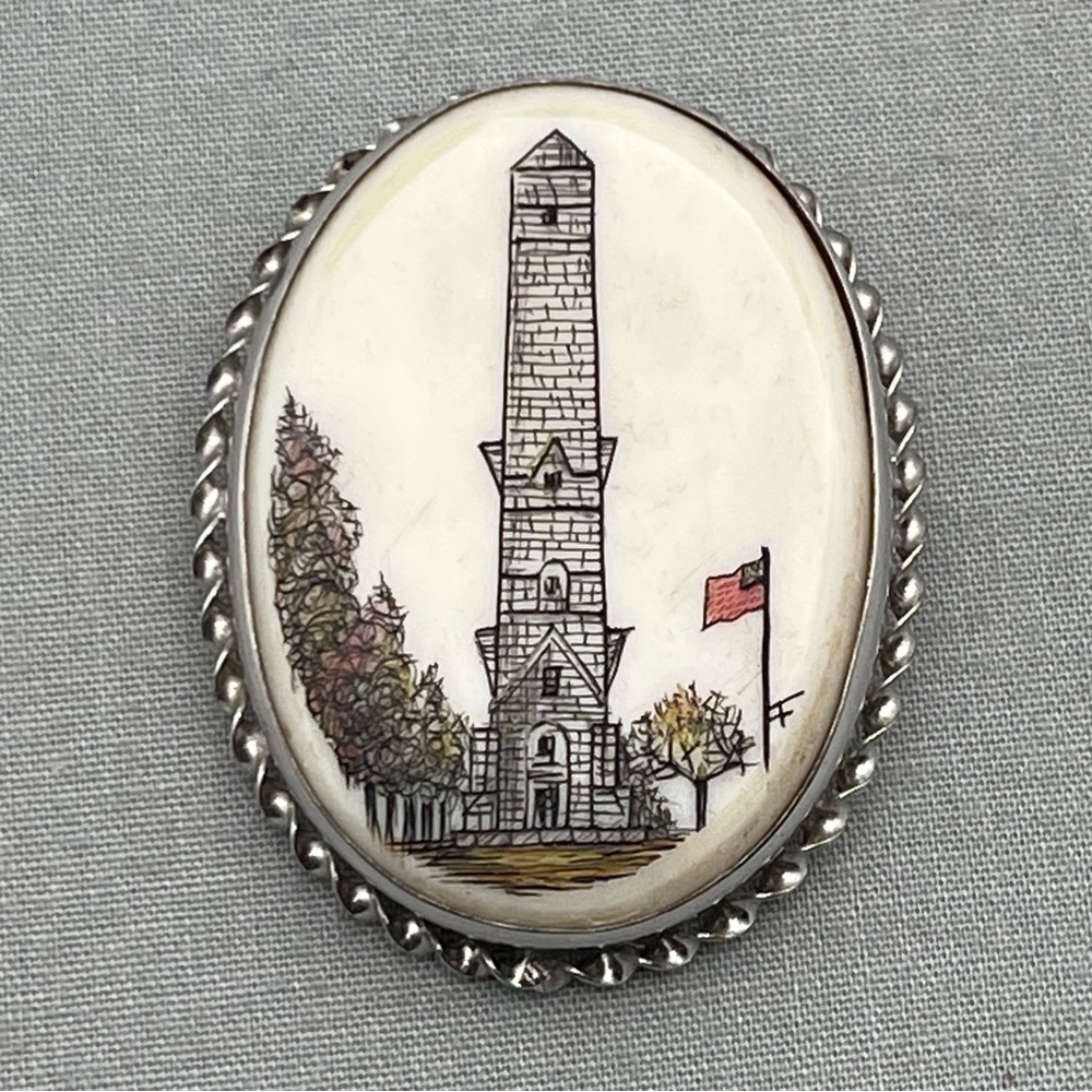 Vintage Frank Barcelos Sterling Scrimshaw Brooch Bunker Hill Scene